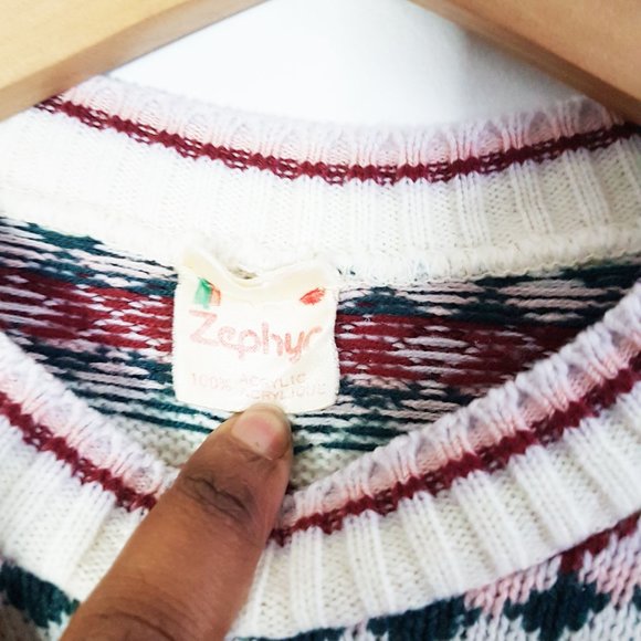 1980s Festive Beige Colorful Ski Sweater, Lightweight Zephyr Sweater Size M - Picture 6 of 10